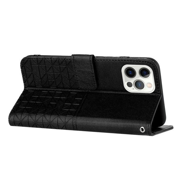 Phone Wallet Case for iPhone 14 Pro , Microfiber Leather Geometric Imprinted Cover with Stand - Black