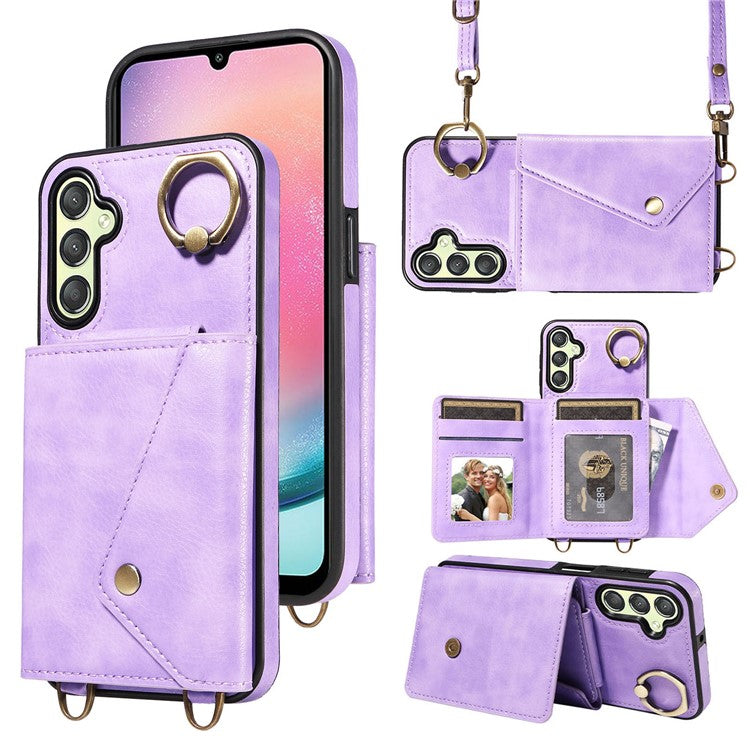 002 For Samsung Galaxy A24 4G (162.1 x 77.6 x 8.3mm) Card Bag Ring Kickstand Leather Coated TPU Phone Case with Shoulder Strap - Light Purple