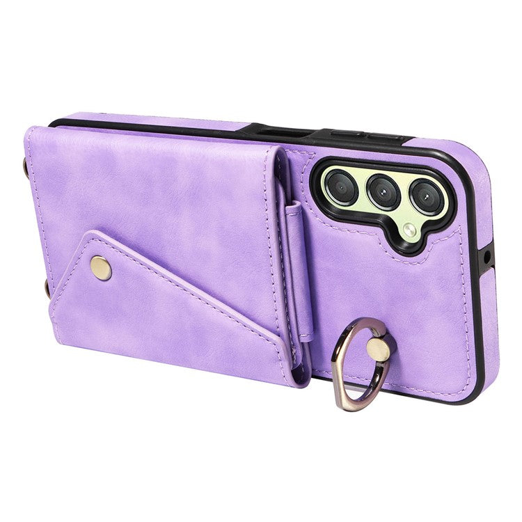 002 For Samsung Galaxy A24 4G (162.1 x 77.6 x 8.3mm) Card Bag Ring Kickstand Leather Coated TPU Phone Case with Shoulder Strap - Light Purple