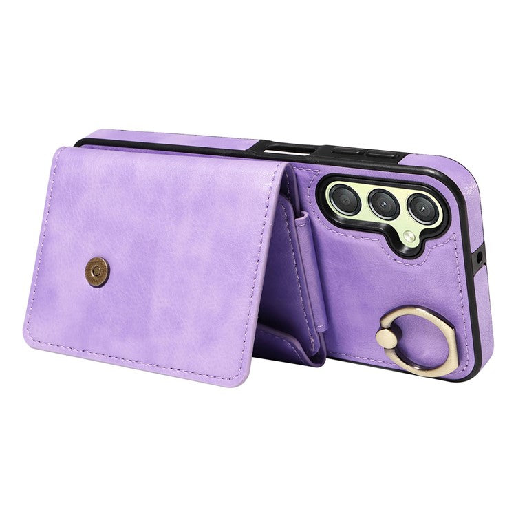 002 For Samsung Galaxy A24 4G (162.1 x 77.6 x 8.3mm) Card Bag Ring Kickstand Leather Coated TPU Phone Case with Shoulder Strap - Light Purple