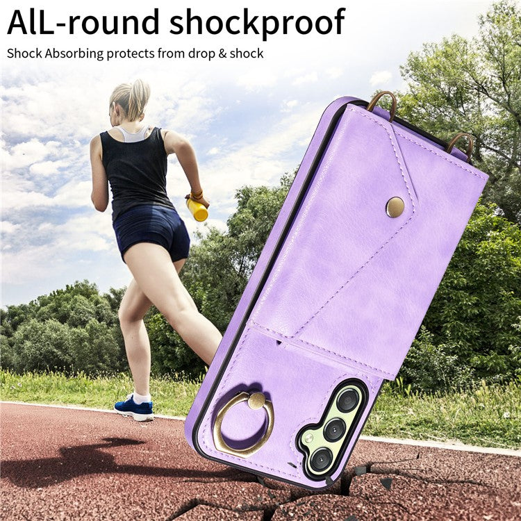 002 For Samsung Galaxy A24 4G (162.1 x 77.6 x 8.3mm) Card Bag Ring Kickstand Leather Coated TPU Phone Case with Shoulder Strap - Light Purple