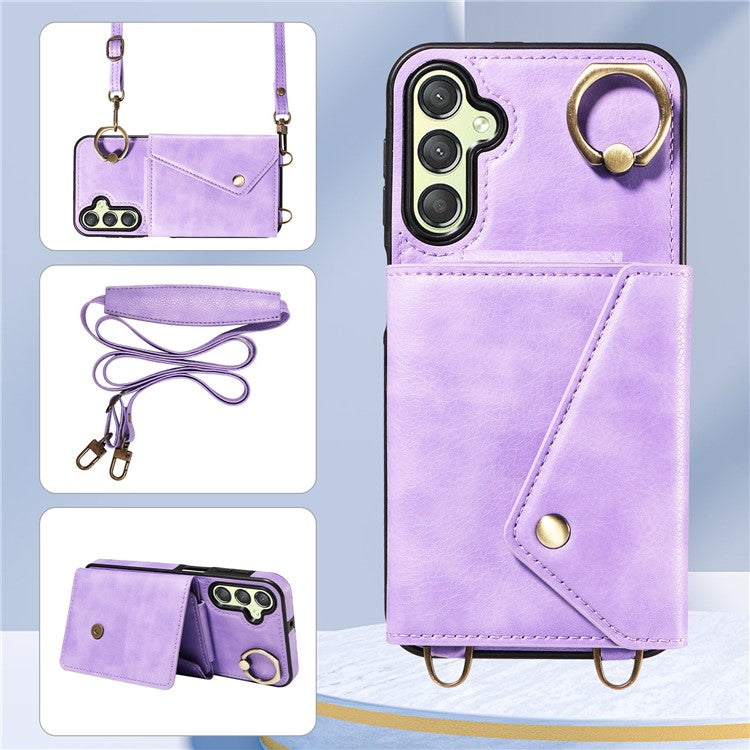 002 For Samsung Galaxy A24 4G (162.1 x 77.6 x 8.3mm) Card Bag Ring Kickstand Leather Coated TPU Phone Case with Shoulder Strap - Light Purple