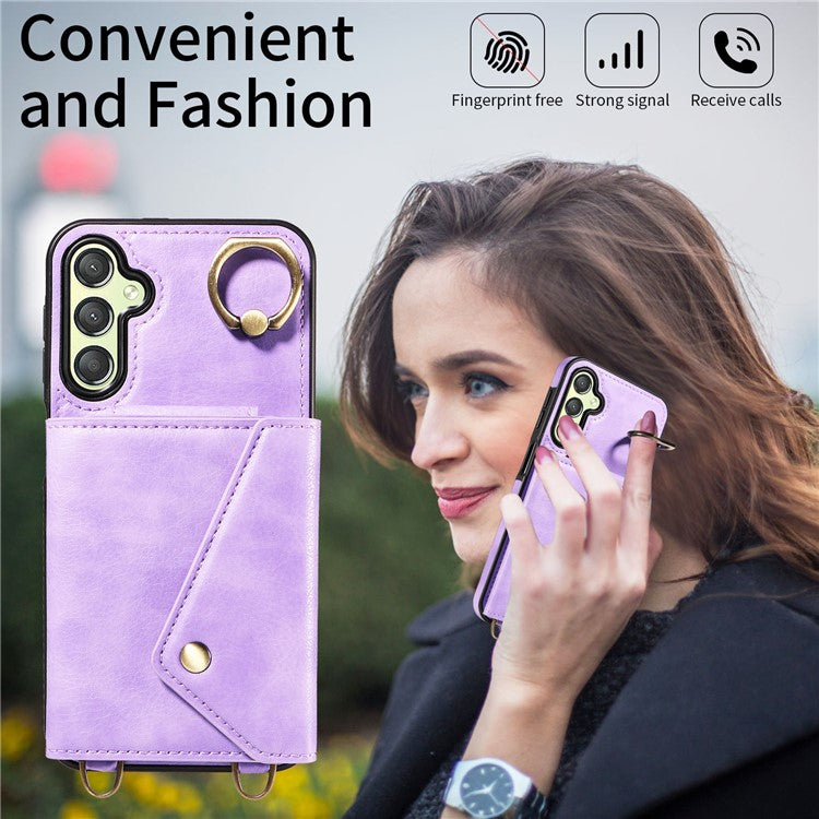 002 For Samsung Galaxy A24 4G (162.1 x 77.6 x 8.3mm) Card Bag Ring Kickstand Leather Coated TPU Phone Case with Shoulder Strap - Light Purple