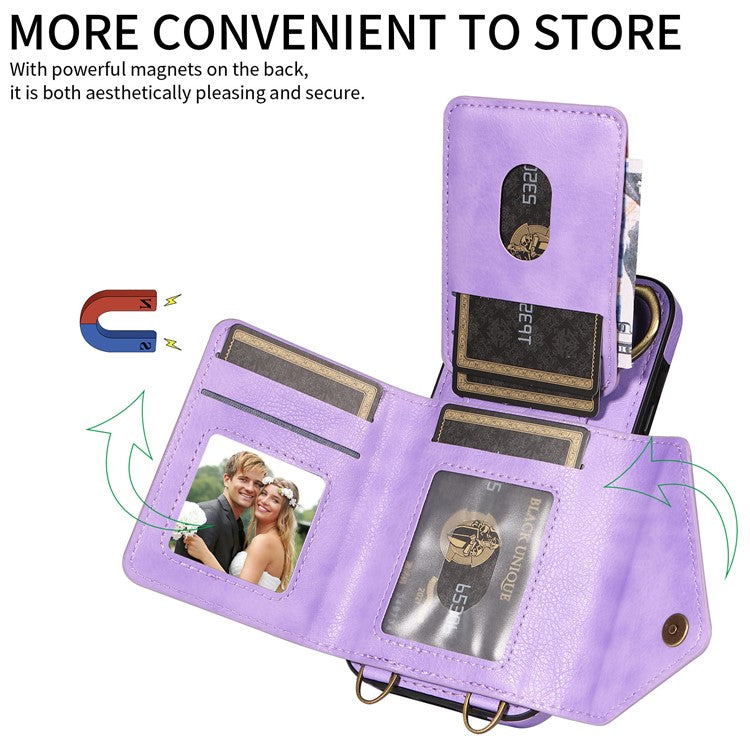 002 For Samsung Galaxy A24 4G (162.1 x 77.6 x 8.3mm) Card Bag Ring Kickstand Leather Coated TPU Phone Case with Shoulder Strap - Light Purple
