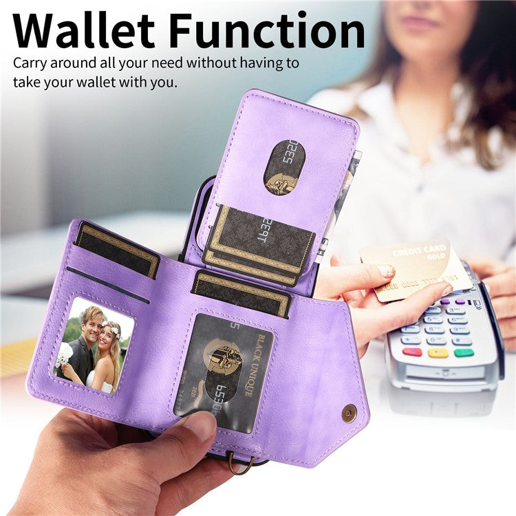 002 For Samsung Galaxy A24 4G (162.1 x 77.6 x 8.3mm) Card Bag Ring Kickstand Leather Coated TPU Phone Case with Shoulder Strap - Light Purple