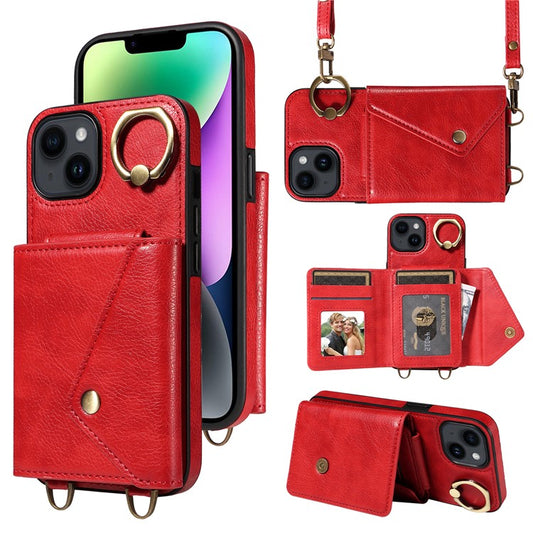 002 For iPhone 14 / 13 Ring Kickstand Cellphone Cover Litchi Texture Leather+TPU Card Bag Phone Case with Shoulder Strap - Red