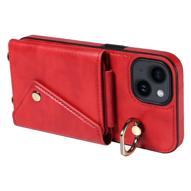 002 For iPhone 14 / 13 Ring Kickstand Cellphone Cover Litchi Texture Leather+TPU Card Bag Phone Case with Shoulder Strap - Red