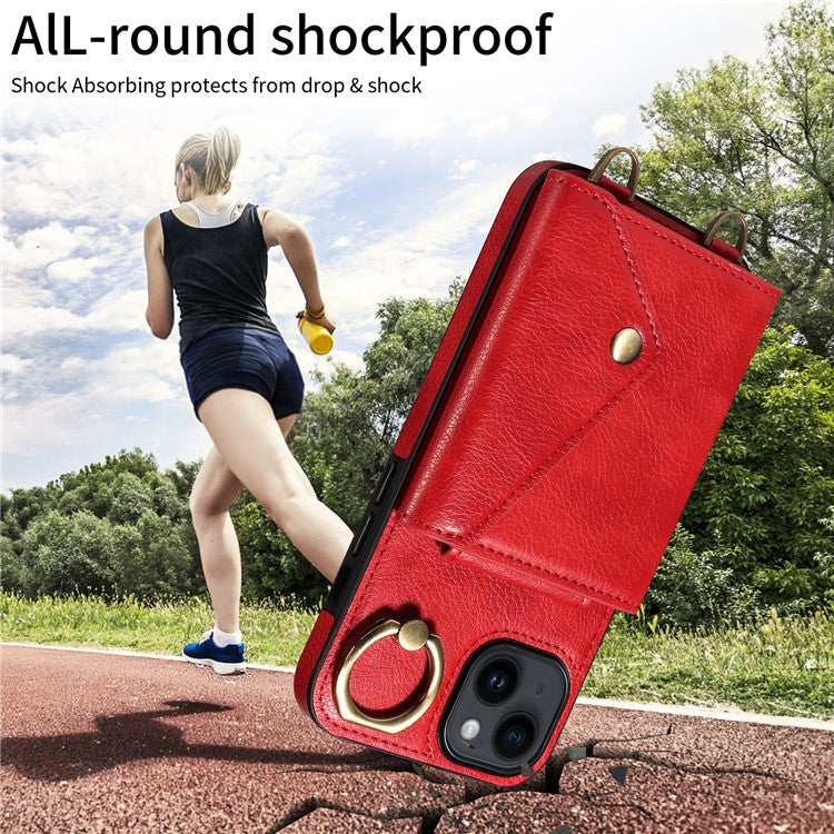 002 For iPhone 14 / 13 Ring Kickstand Cellphone Cover Litchi Texture Leather+TPU Card Bag Phone Case with Shoulder Strap - Red