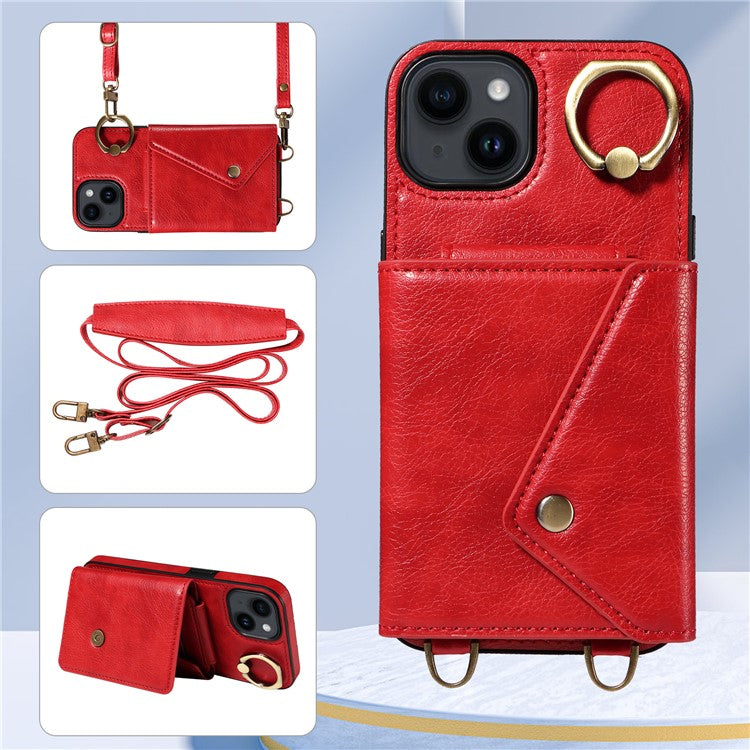 002 For iPhone 14 / 13 Ring Kickstand Cellphone Cover Litchi Texture Leather+TPU Card Bag Phone Case with Shoulder Strap - Red