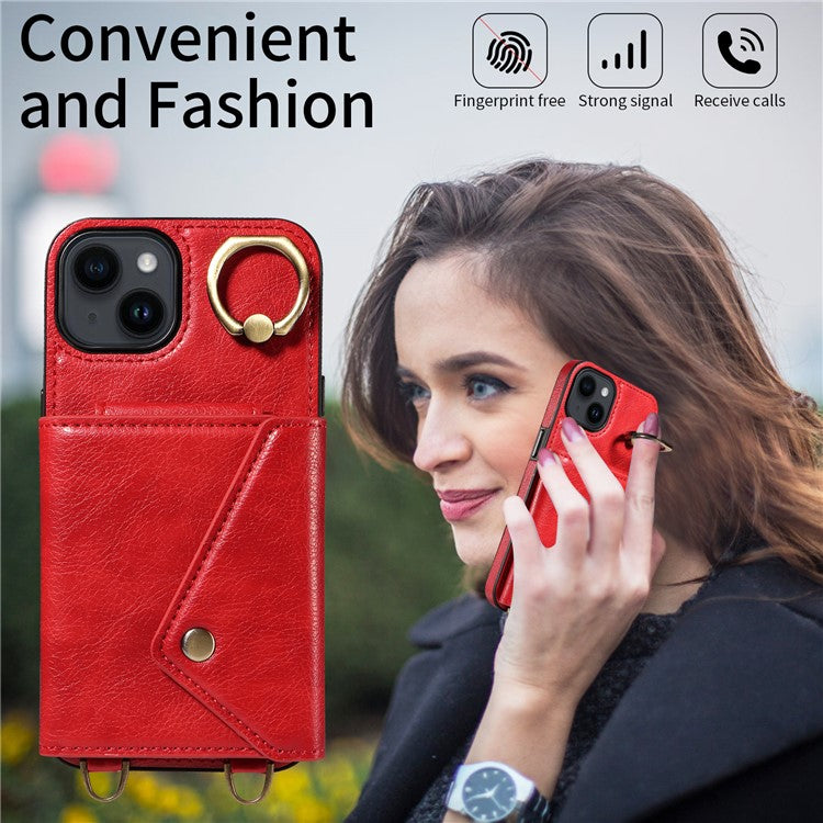 002 For iPhone 14 / 13 Ring Kickstand Cellphone Cover Litchi Texture Leather+TPU Card Bag Phone Case with Shoulder Strap - Red