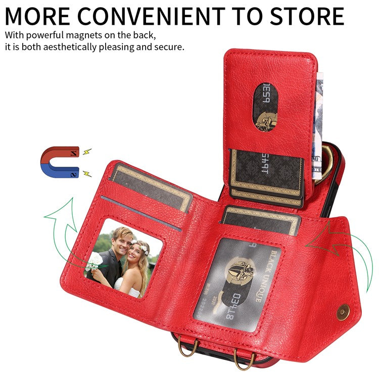 002 For iPhone 14 / 13 Ring Kickstand Cellphone Cover Litchi Texture Leather+TPU Card Bag Phone Case with Shoulder Strap - Red