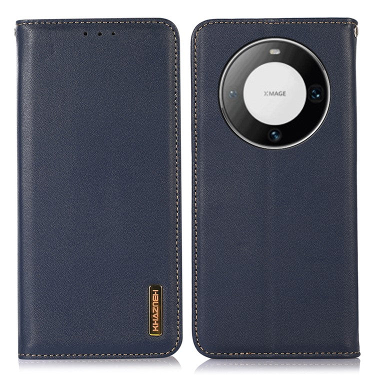 KHAZNEH For Huawei Mate 60 Pro Nappa Texture RFID Blocking Wallet Cover Genuine Cowhide Leather Stand Case - Blue