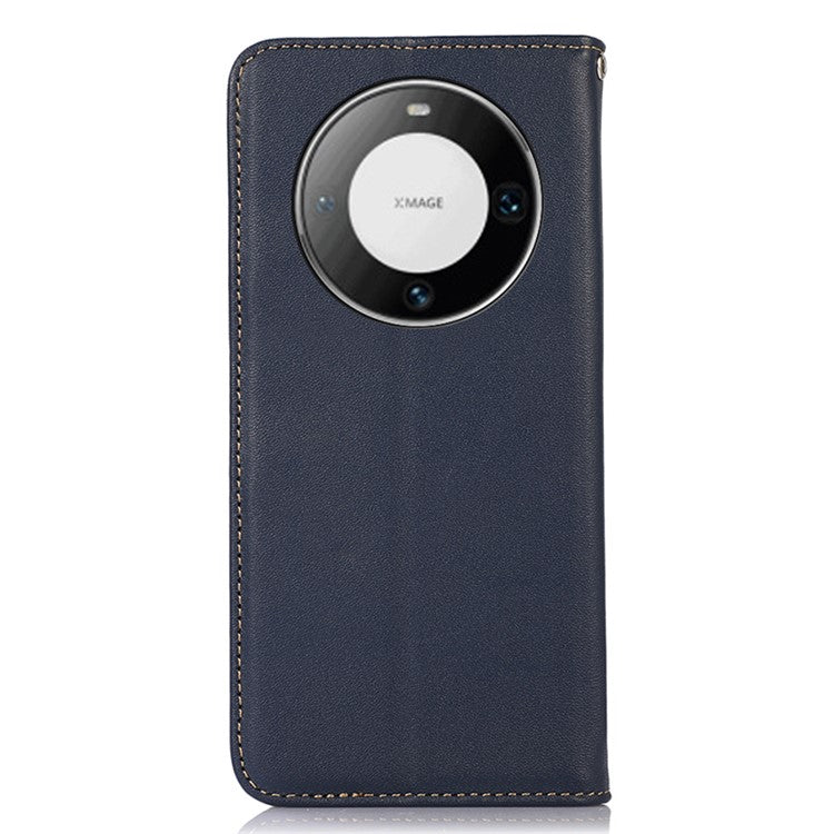 KHAZNEH For Huawei Mate 60 Pro Nappa Texture RFID Blocking Wallet Cover Genuine Cowhide Leather Stand Case - Blue