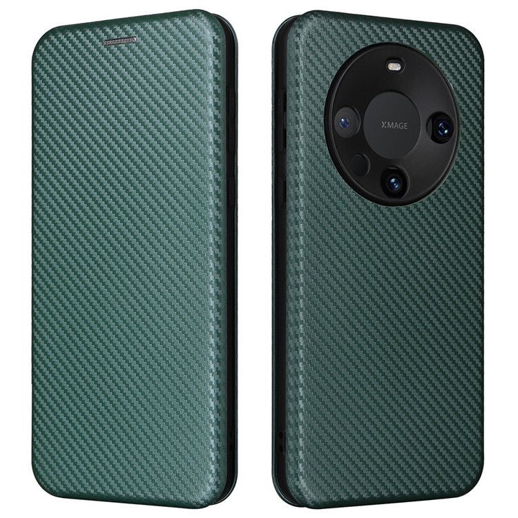 For Huawei Mate 60 Pro Carbon Fiber Texture Phone Case Card Holder PU Leather Stand Cover - Green