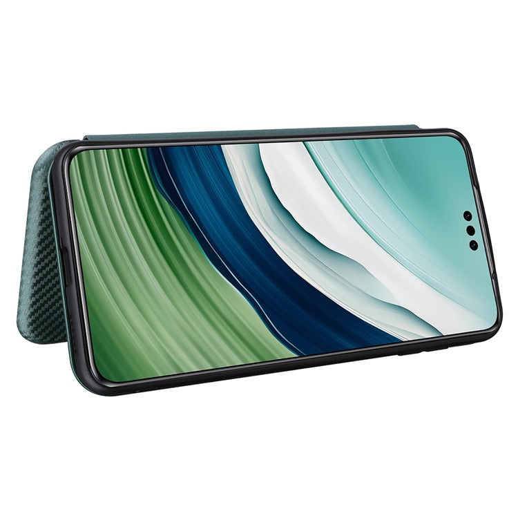 For Huawei Mate 60 Pro Carbon Fiber Texture Phone Case Card Holder PU Leather Stand Cover - Green
