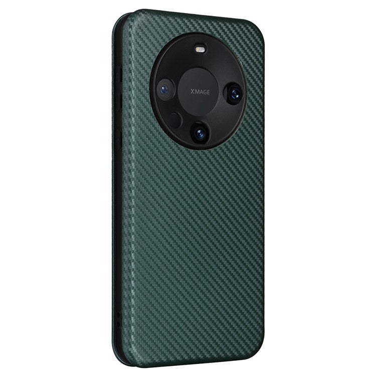 For Huawei Mate 60 Pro Carbon Fiber Texture Phone Case Card Holder PU Leather Stand Cover - Green
