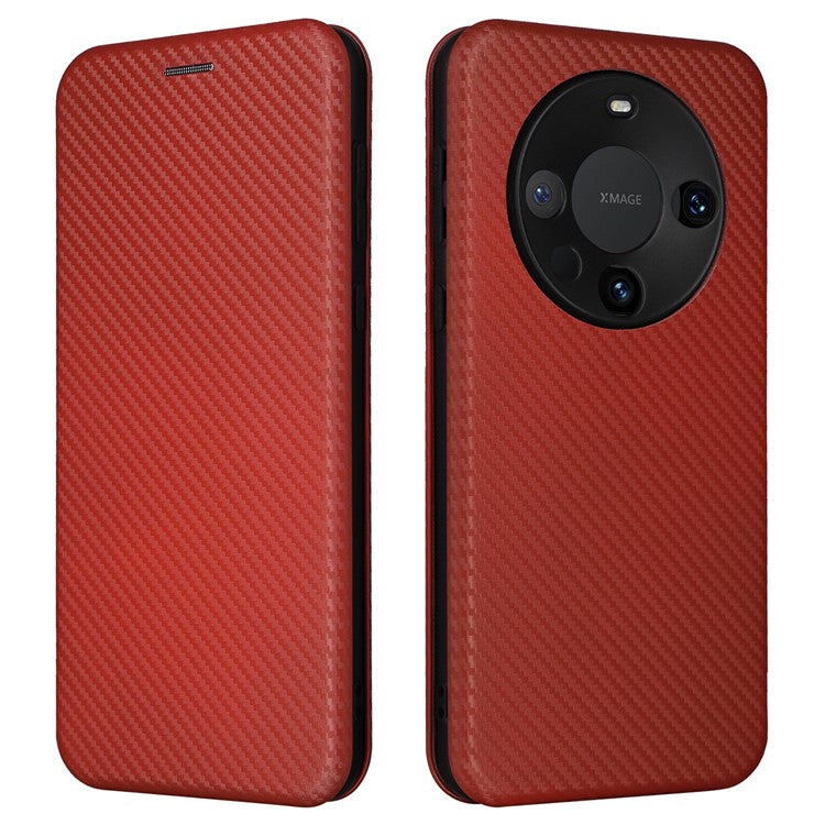 For Huawei Mate 60 Carbon Fiber Texture Card Holder Phone Case Leather Stand Anti-fall Cover - Brown