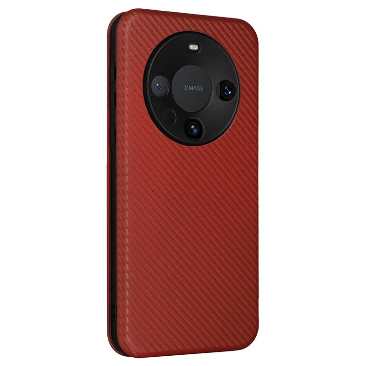 For Huawei Mate 60 Carbon Fiber Texture Card Holder Phone Case Leather Stand Anti-fall Cover - Brown