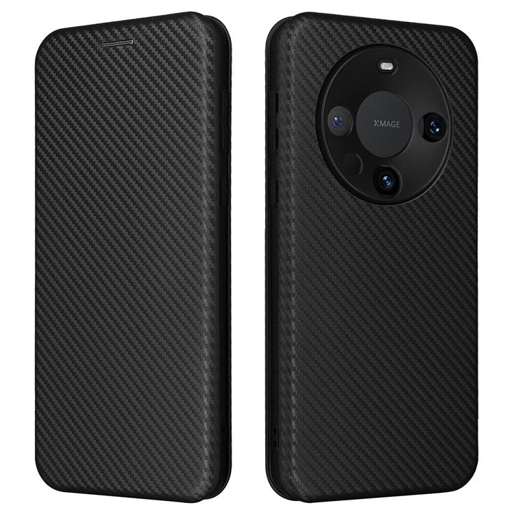For Huawei Mate 60 Carbon Fiber Texture Card Holder Phone Case Leather Stand Anti-fall Cover - Black
