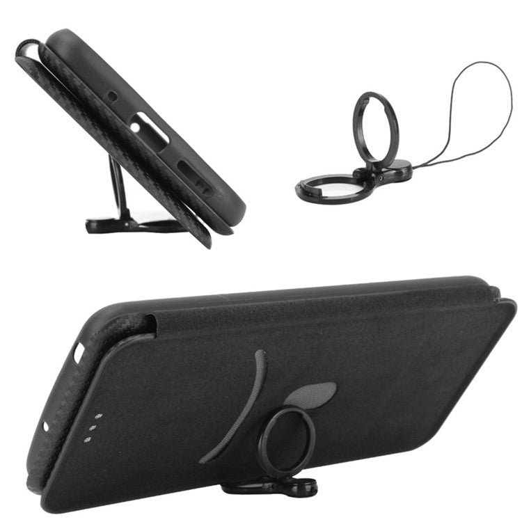 For Huawei Mate 60 Carbon Fiber Texture Card Holder Phone Case Leather Stand Anti-fall Cover - Black
