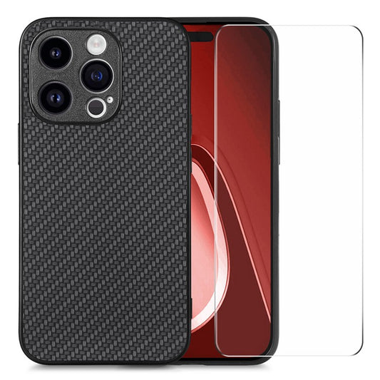 ENKAY HAT PRINCE For iPhone 14 Pro Max Leather+PC Case Carbon Fiber Phone Cover with High Aluminium-silicon Glass Film - Black
