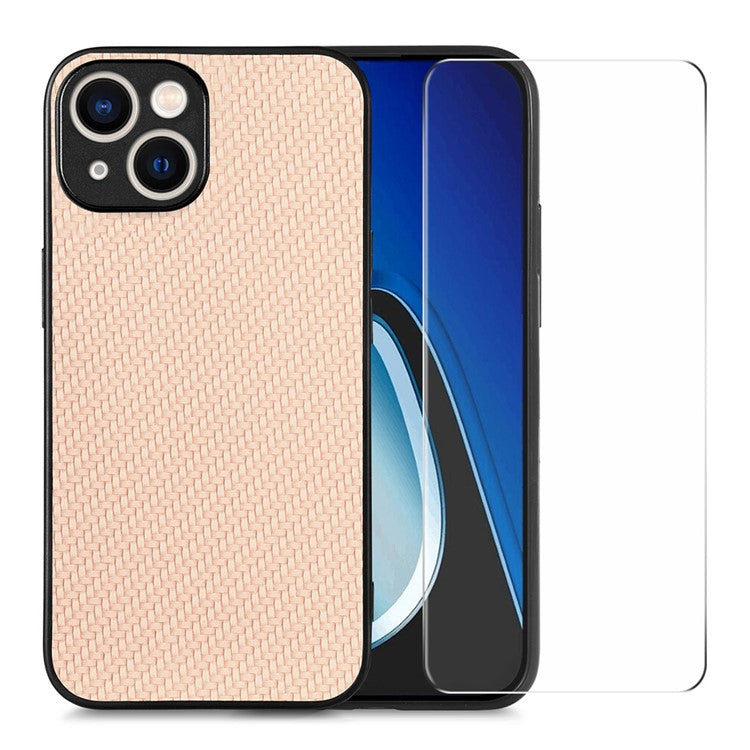 ENKAY HAT PRINCE Carbon Fiber Case for iPhone 14 Leather+PC Phone Cover with High Aluminium-silicon Glass Film - Khaki
