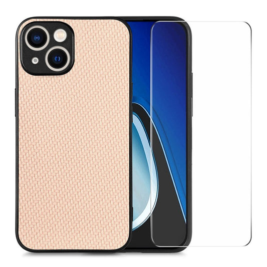 ENKAY HAT PRINCE Carbon Fiber Case for iPhone 14 Leather+PC Phone Cover with High Aluminium-silicon Glass Film - Khaki