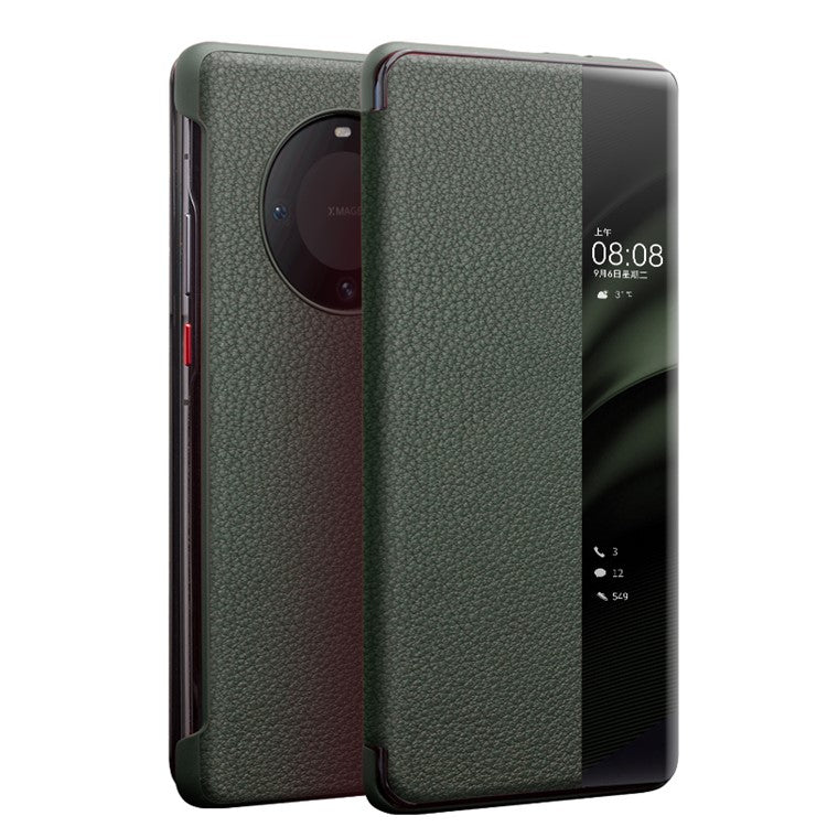 QIALINO For Huawei Mate 60 Pro / 60 Pro+ Case Genuine Cow Leather Auto Wake / Sleep Phone Cover - Green
