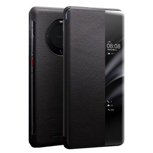 QIALINO For Huawei Mate 60 Case View Window Genuine Cow Leather Phone Cover - Black
