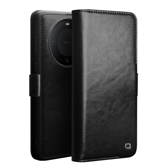 QIALINO For Huawei Mate 60 Case Genuine Cow Leather Viewing Stand Flip Phone Cover - Black