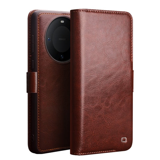 QIALINO For Huawei Mate 60 Case Genuine Cow Leather Viewing Stand Flip Phone Cover - Brown