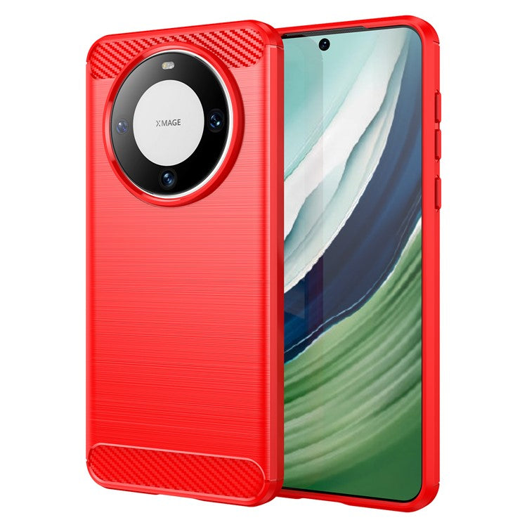 For Huawei Mate 60 Case Shockproof TPU Shell Brushed Carbon Fiber Texture Phone Cover - Red