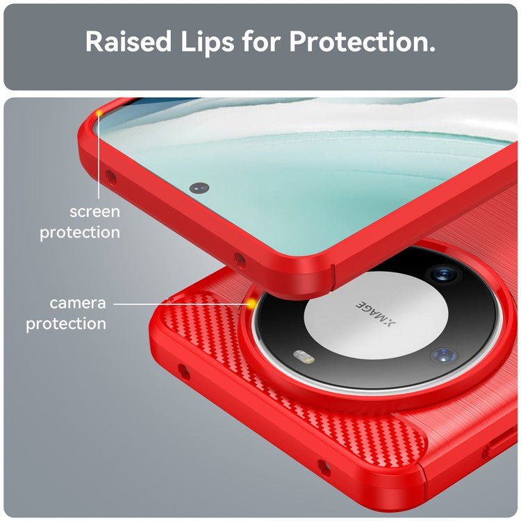 For Huawei Mate 60 Case Shockproof TPU Shell Brushed Carbon Fiber Texture Phone Cover - Red