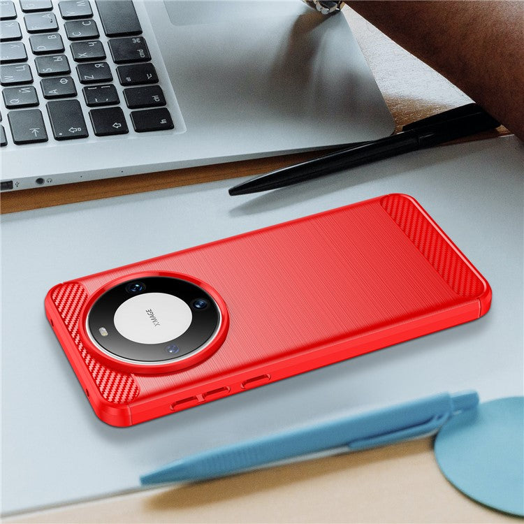 For Huawei Mate 60 Case Shockproof TPU Shell Brushed Carbon Fiber Texture Phone Cover - Red