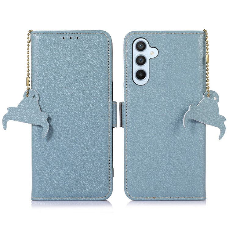 For Samsung Galaxy A05s 4G Case RFID Blocking Phone Wallet Case Genuine Cow Leather Cover - Blue