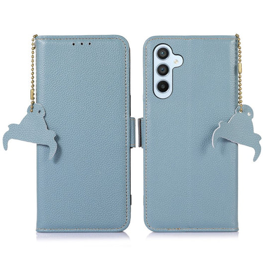 For Samsung Galaxy A05s 4G Case RFID Blocking Phone Wallet Case Genuine Cow Leather Cover - Blue