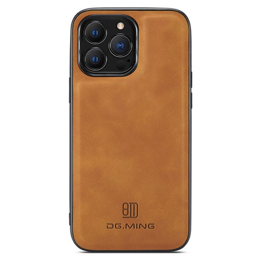 DG.MING For iPhone 14 Pro Case Back Guard PC+TPU+PU Leather Coated Cover - Brown