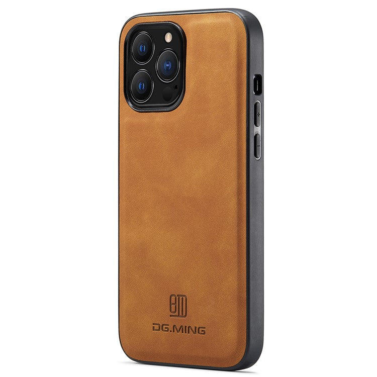 DG.MING For iPhone 14 Pro Case Back Guard PC+TPU+PU Leather Coated Cover - Brown