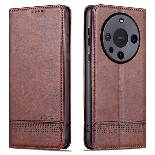 AZNS For Huawei Mate 60 Pro Case Magnetic Clousre Wallet Leather Cover - Coffee