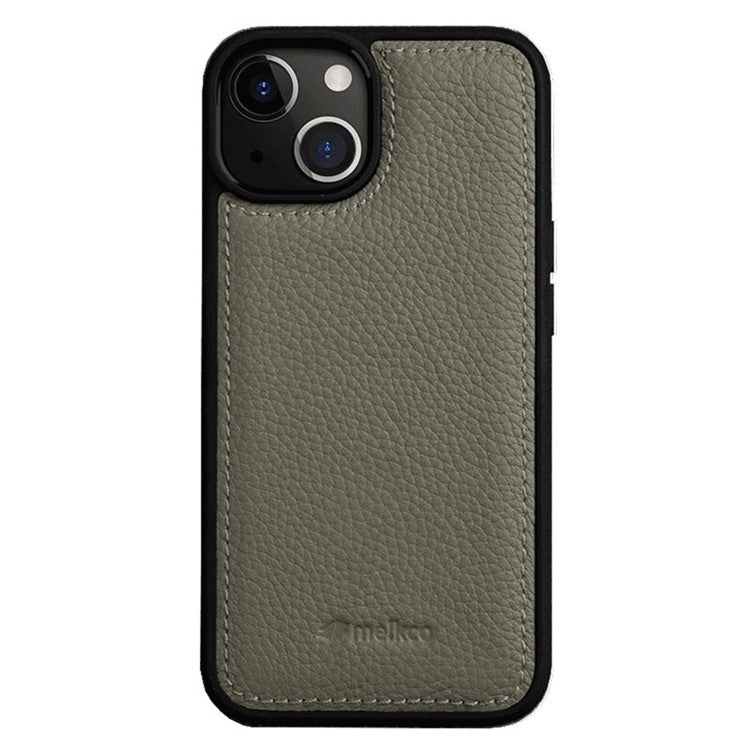 MELKCO For iPhone 14 Plus Case Genuine Cow Leather+PC Anti-scratch Phone Cover - Grey