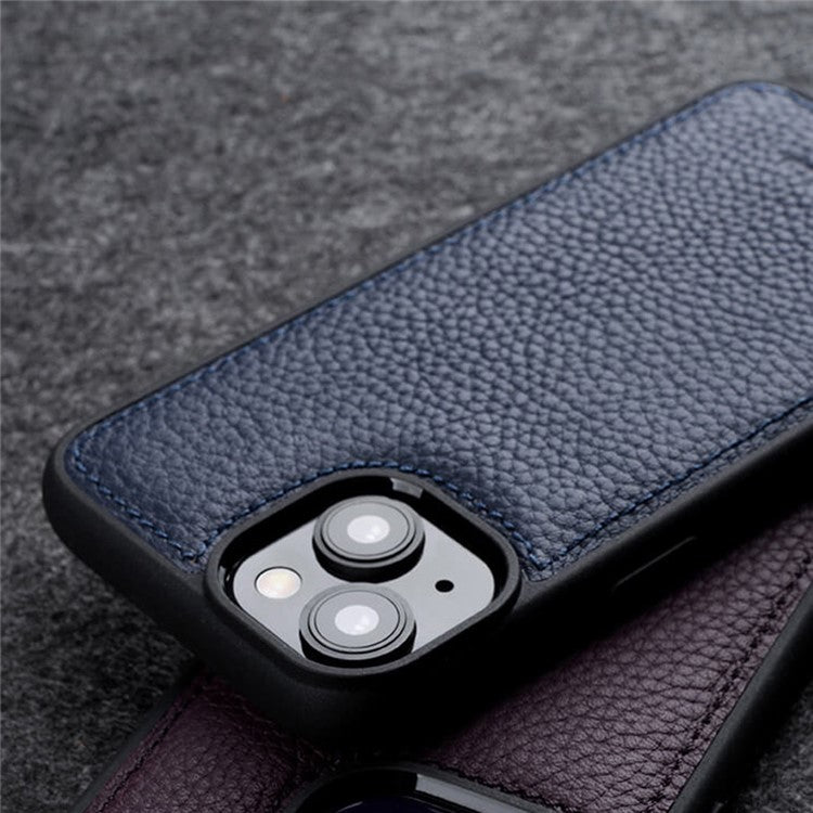 MELKCO For iPhone 14 Plus Case Genuine Cow Leather+PC Anti-scratch Phone Cover - Grey