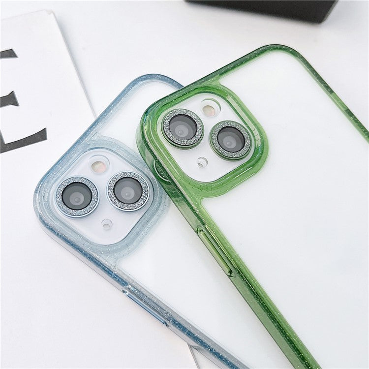 PC+TPU+Glass Phone Cover For iPhone 14 Plus Case Glittery Powder Decor Shell - Transparent