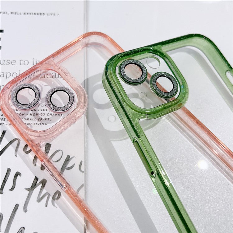 PC+TPU+Glass Phone Cover For iPhone 14 Plus Case Glittery Powder Decor Shell - Transparent
