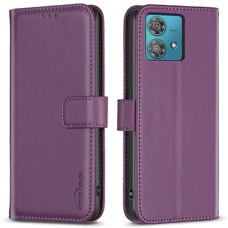 BINFEN COLOR BF17 For Motorola Edge 40 Neo 5G Phone Case PU Leather Wallet Cover - Dark Purple