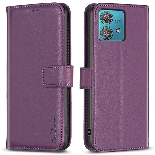 BINFEN COLOR BF17 For Motorola Edge 40 Neo 5G Phone Case PU Leather Wallet Cover - Dark Purple