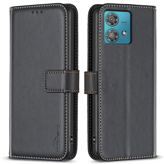 BINFEN COLOR BF17 For Motorola Edge 40 Neo 5G Phone Case PU Leather Wallet Cover - Black