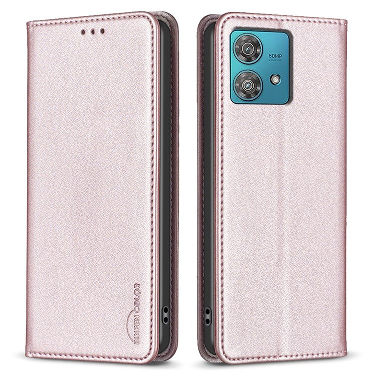 BINFEN COLOR BF18 For Motorola Edge 40 Neo 5G Case PU Leather Phone Cover with Card Slots - Rose Gold