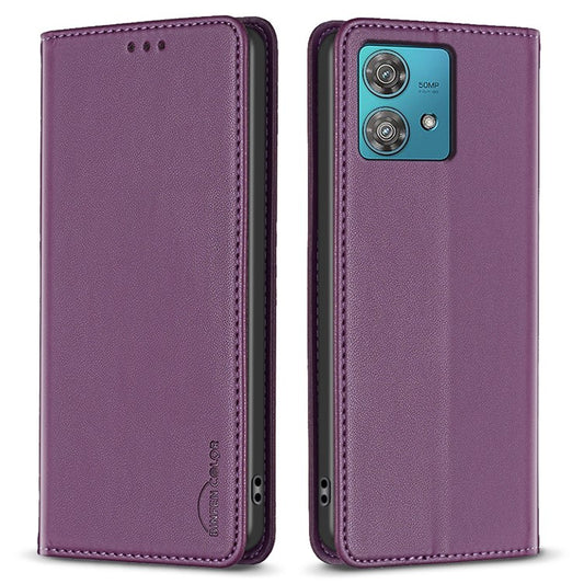 BINFEN COLOR BF18 For Motorola Edge 40 Neo 5G Case PU Leather Phone Cover with Card Slots - Dark Purple