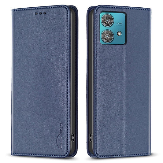 BINFEN COLOR BF18 For Motorola Edge 40 Neo 5G Case PU Leather Phone Cover with Card Slots - Blue