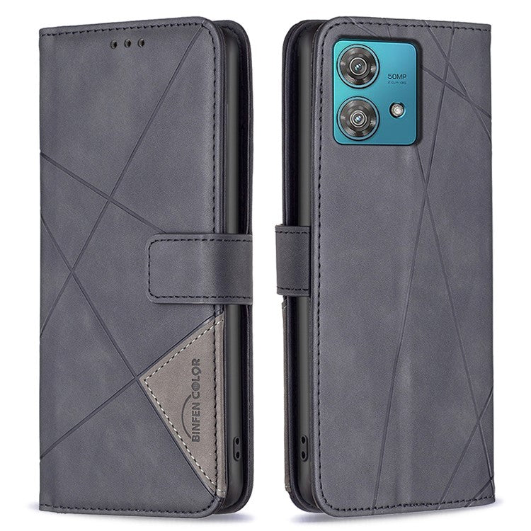 BINFEN COLOR For Motorola Edge 40 Neo 5G Phone Cases Wallet Stand Geometry Imprinted Leather Cover - Black